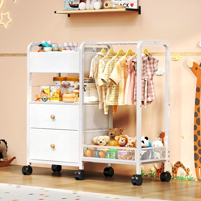 Baby Diaper Caddy Organizer with Hanging Rack, Rolling Diaper Utility Cart with Dividers and Drawers for Baby Essentials Storage, Bedside Cart with Wheels for Changing Station, Crib, Nursery, Bedroom - Image 3