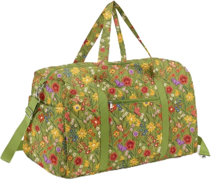 Dansydaisy Large Quilted Travel Duffle Bag for Women Floral Portable Gym Weekender Bag with Zipper Pockets Workout Grocery Pouch Duffle Gift Pouch for Work(Yellow Green Grassland) by Dansydaisy