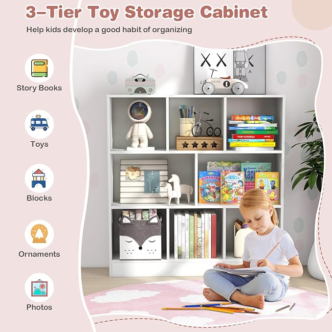 HONEY JOY Kids Toy Storage Organizer, 8-Section Wooden Floor Storage Cabinet, 41” Daycare Toy Chest, 3-Tier Kids Display Bookshelf for Classroom, Playroom & Nursery, Kindergarten (White) - Image 4