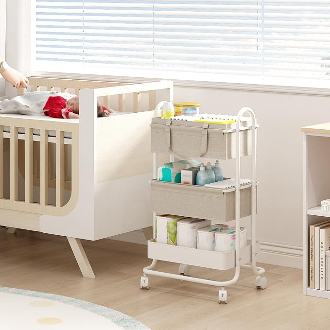 2In1 Baby Diaper Caddy Organizer with Dividers,3-Tier Diaper Rolling Cart,Mobile Metal Utility Cart for Baby Nursery,Baby Bedside Cart, Large Capacity - Image 5