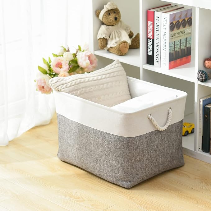 Storage Bins Baskets for Organizing, 20.5L×15.7W×13.8H 3 Pack Sturdy Fabric Storage Basket W/Handles, Decorative Foldable Storage Baskets for Shelves Closet Nursery Toy (White & Grey) - Image 4
