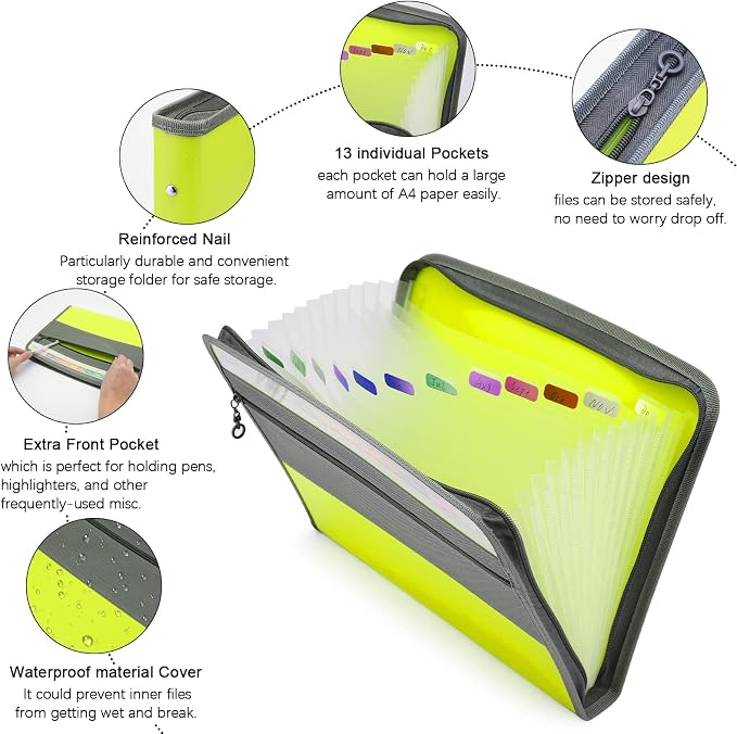 NAFY Expanding File Folder, 13 Pockets Document Organizer with Zipper, A4 Letter Size Portable Accordion Expanding File Folders with 27pcs Multicolor Labels for Home Office School Supplies (Green) - Image 3