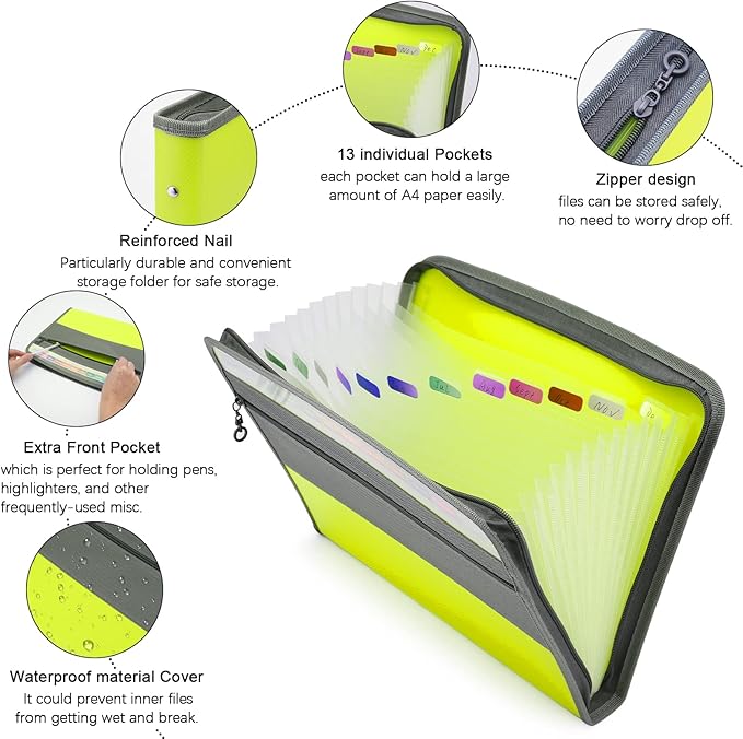 NAFY Expanding File Folders, 2Pack 13 Pockets Document Organizer with Zipper, A4 Letter Size Portable Accordion Expanding File Folders with Multicolor Labels for Office School Supplies (Black+Green) - Image 3