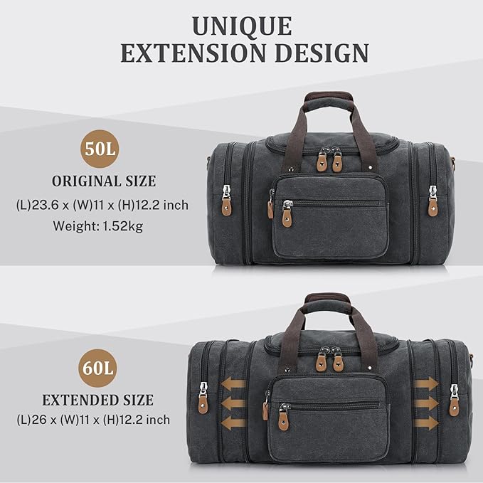 Gonex Canvas Duffle Bag, Expandable 60L Travel Overnight Weekender Bag | Multiple Pockets, Carry-On Size, Durable Zippers, Detachable Strap, for Men & Women, Dark Gray - Image 3