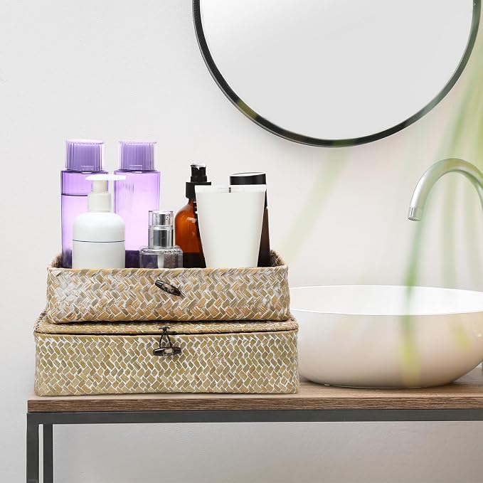 Didaey Set of 4 Seagrass Basket with Lid Wicker Storage Basket Decorative Storage Boxes with Lids Flat Storage Bins Woven Organizer Baskets for Shelf Closet Bedroom, 4 Sizes (White) - Image 7