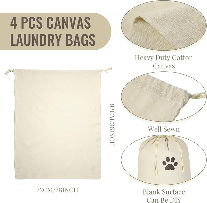 4 Pcs 28" x 36" Canvas Laundry Bags Bulk Large Cotton Laundry with Drawstring Heavy Duty Hamper Liner Washable Dirty Clothes for home College Sports Dorms Travel - Image 2