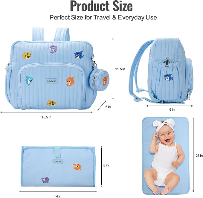 Diaper Bag Backpack with Changing Pad - Travel Baby Bag, Insulated Bottle Pockets, Stroller Straps (Medium - Blue Sharks) - Image 9