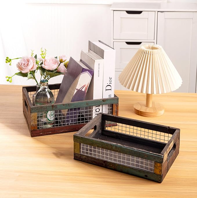 TIMRIS Set of 2 Rustic Wooden Countertop Baskets, Farmhouse Distressed Nesting Boxes, Small Decorative Wooden Storage Crates, Reclaimed Wood Organizer Baskets with Wire Mesh (Random) - Image 8