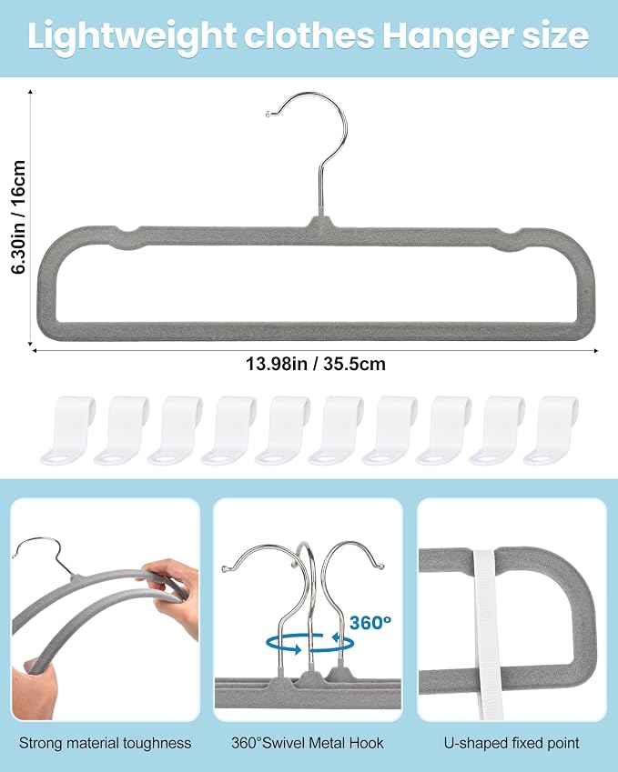 Velvet Hangers Non Slip - 20 Pack Pants Hangers for Grey Felt Hangers | Thin Space Saving Clothes Hanger - Strong, Durable, Jean Perchas with 360 Degree Rotatable Hook for Tank Top ﻿ - Image 3