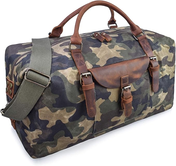 Oversized Travel Duffel Bag Waterproof Canvas Genuine Leather Weekend bag Weekender Overnight Carryon Hand Bag Camo by NEWHEY