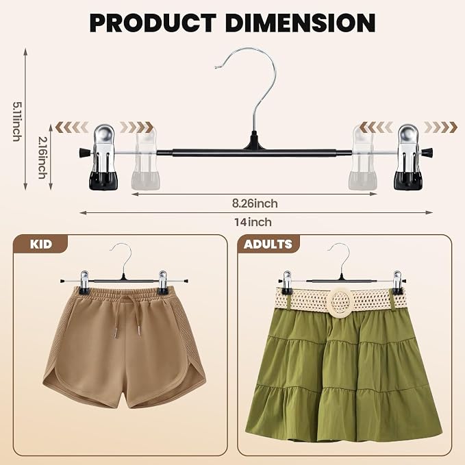 HUADYMEET 14 Inch Heavy Duty Pants Skirt Hangers with Clips,Black,50 Pack | Metal,Space Saving,Adjustable,Hanger for Jeans Shorts Clothes Slacks Trousers,For Adult Men Women Children, Non Slip - Image 2