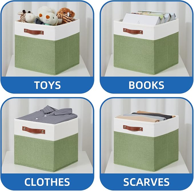 Temary 13 Inch Cube Storage Bin 4 Pack Fabric Storage Cubes Fabric Storage Bin for Shelf, Cube Storage Basket with Leather Handles(White&Green) - Image 4