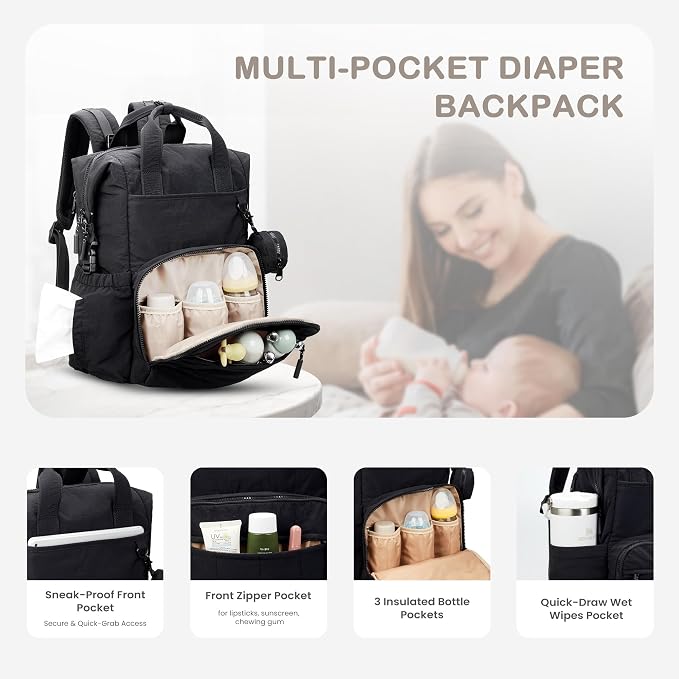 VONAL Diaper Bag Backpack, Lightweight Baby Diaper Bags, Travel Large Diaper Bag with Changing Station, Black Diaper Backpack for Boys Girls Newborn with Insulated Pockets, Stroller Straps - Image 4