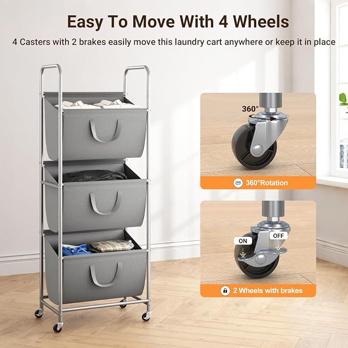 ELYKEN 3-Tier Vertical Rolling Laundry Hamper with Wheels & Removable Bags | 120L Capacity, Space-Saving Design, Locking Casters, 3 Section Laundry Sorter for Apartments, Small Spaces, Closet, Dorm - Image 6