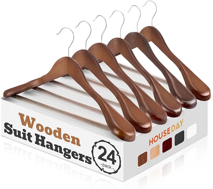 HOUSE DAY Wood Suit Hangers for Men 24 Pack, Smooth Wide Shoulder Wooden Hangers with Non Slip Pant Holder, Wide Hangers for Suits, Coats, Jackets, Heavy Wide Clothes Hanger, Walnut by HOUSEDAY