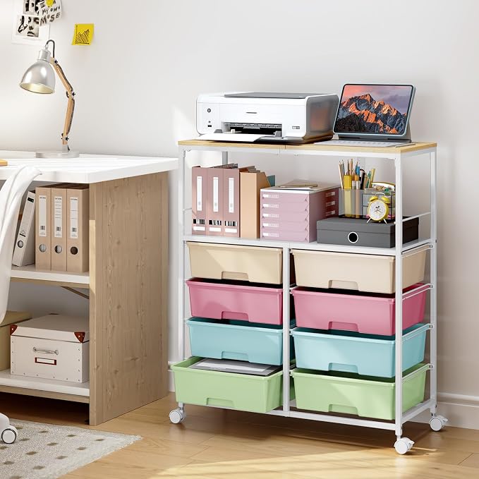Rolling Storage Cart with 8 Large Drawers,Wooden Tabletop | Open Storage Shelves, Mobile Craft Organizer with Lockable Wheels for Home, Classroom, Office Supplies & Art Studio,Colorful - Image 2