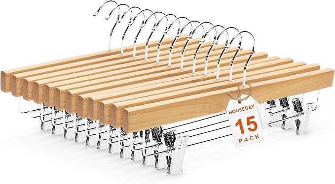 HOUSE DAY Wooden Pants Hangers with Clips, 15 Pack Skirt Hangers, Natural | 14-Inch Wood Hangers with Adjustable Non-Slip Metal Clips & 360° Swivel Hooks, Heavy Duty for Jeans, Slacks, Trousers, Shorts by HOUSEDAY
