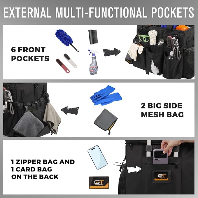 SCAVATA Rolling Cleaning Caddy Bag with Detachable Trolley, Large Cleaning Supplies Organizer with Wheels, Multi Pocket Cleaning Cart with Adjustable Shoulder Strap for Housekeepers & Home Use, Black - Image 2