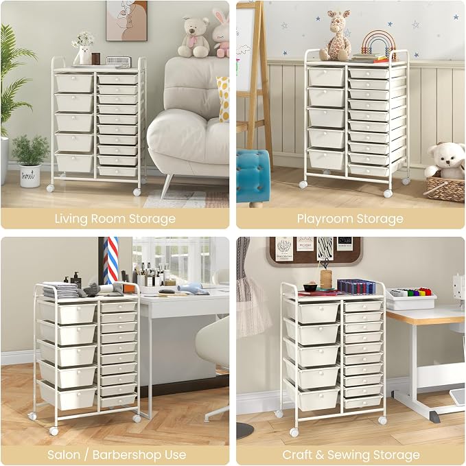 RELAX4LIFE 15-Drawer Storage Drawer Carts - Mobile Rolling Utility Cart w/Wheels, Craft Organizer for Classroom Organization and Storage, School, Office, Home, Storage Organizer Cart (White) - Image 9