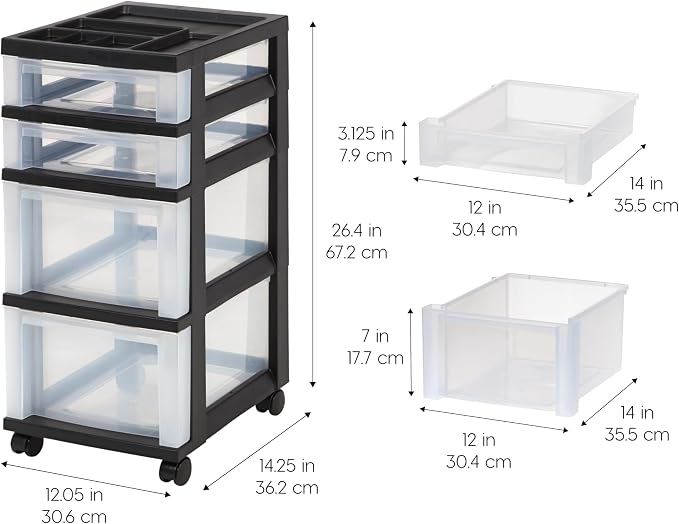 IRIS USA 4-Drawer Rolling Storage Cart, Black/Clear | Keep classroom supplies, teacher essentials, craft materials, and learning tools organized with easy-access drawers. - Image 2