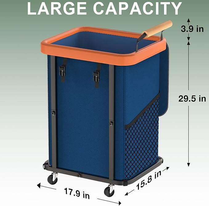 150L Laundry Basket with Wheels, Rolling Basket Hamper with Lid & Handle | Laundry Organizer Storage Cart with Heavy Duty Sturdy Metal Frame for Home, Hotel, Laundry Room - Dark Blue - Image 6