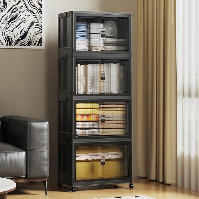 SAILUN 140Qt Stackable Storage Bins,Storage Cabinet with a Lid,4 Pack Black | Stackable Storage Drawers with Lids,18" W x 11" D x 41" H,Featuring open-front Access for Clothes and Closet Storage by SAILUN