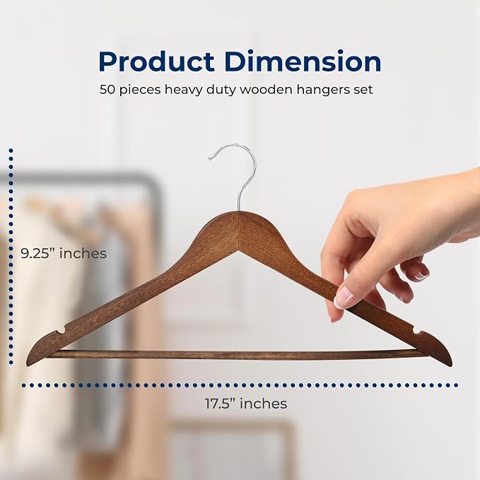 SereneLife 50-Pack Wooden Coat Hangers – Durable Suit Hangers with 360° Swivel Hook & Notches – Slim Design for Shirts, Jackets, Dresses, and More (Vintage) - Image 2