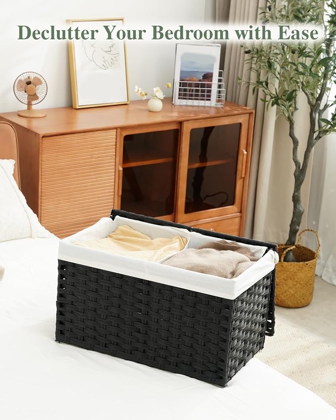 SETVSON Storage Basket with Lid PE Rattan Woven Storage Bins, 65L Black | 65L Storage Bin with 2 Separate Lids, 2 Removable Liner Bags with Divider, Sturdy Metal Frame, Foldable Side Handles - Image 7
