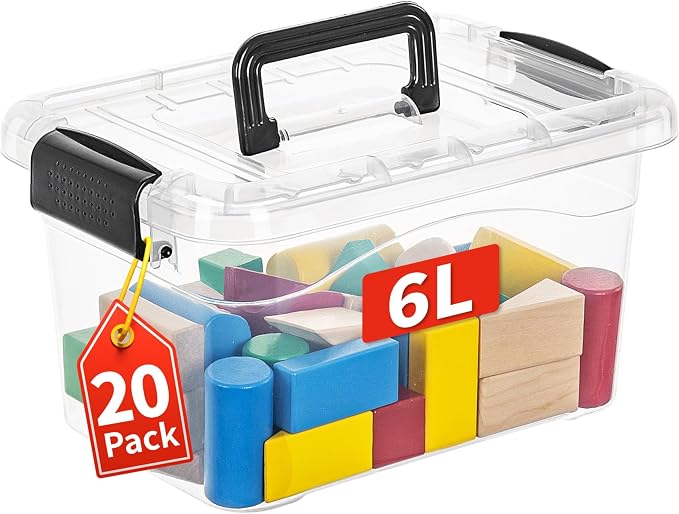 Cetomo 6Lx20 Pack Storage Boxes, Storage Box with Lids and Handle for Home Dorm Office Organization, Stackable Nesting Tote Container, Plastic, Clear, 6L-20 Pack by Cetomo