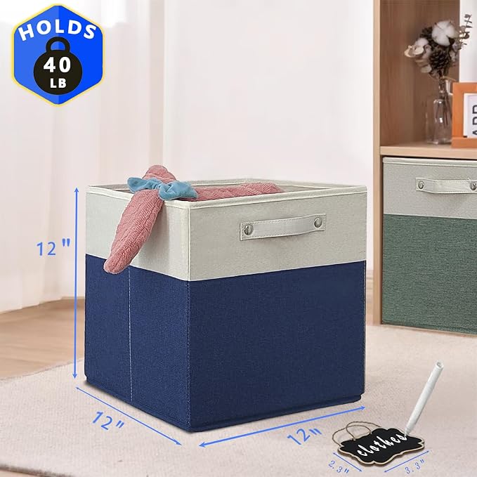12x12 Collapsible Fabric Storage Cubes, Set of 4, White Blue, Linen Cardboard, 40 lbs Capacity, Kallax Compatible - Image 2