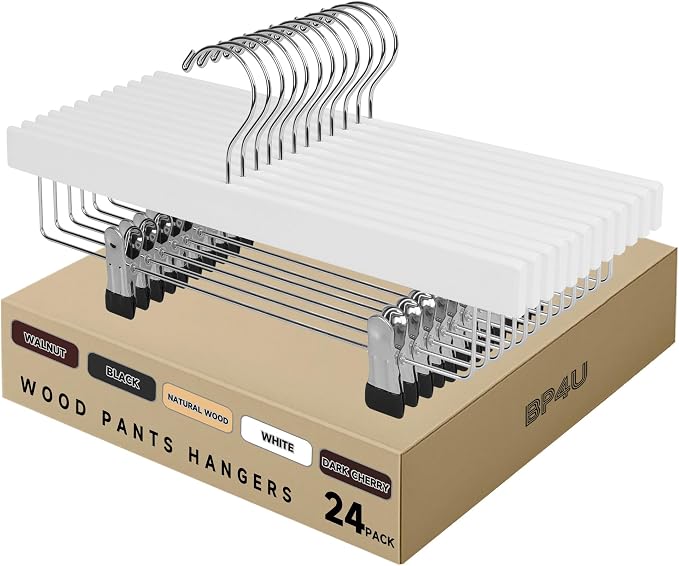 14" Wood Pants Hangers with Adjustable Non-Slip Clips, White, 24-Pack | Solid Wood Material, Bottom Hangers with 360° Swivel Hook, Space Saving Hangers for Skirts, Slacks, Trousers, Jeans by BP4U%E2%84%A2