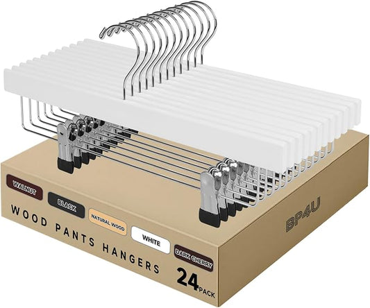 14" Wood Pants Hangers with Adjustable Non-Slip Clips, White, 24-Pack | Solid Wood Material, Bottom Hangers with 360° Swivel Hook, Space Saving Hangers for Skirts, Slacks, Trousers, Jeans by BP4U%E2%84%A2