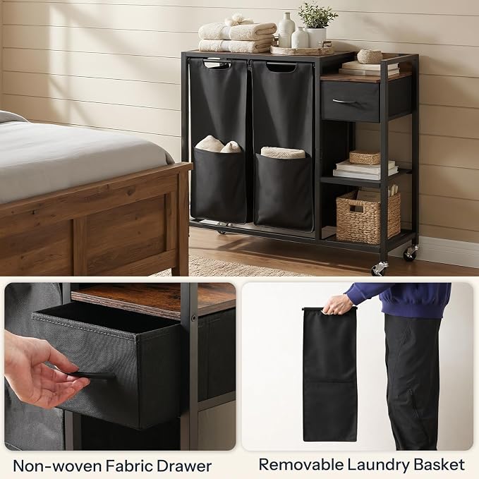 HOOBRO 2 Section Laundry Sorter with Shelf, 24 Gal. (90.8 L) Laundry Hamper with Wheels, Rolling Laundry Basket with Fabric Drawer, 3-Tier Shelves, Side Pockets, Black and Rustic Brown BF27XY01 - Image 6