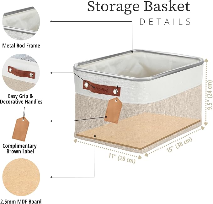 DECOMOMO Storage Bins, Large Fabric Storage Baskets for Shelves 3 Pack | 15 x 11 x 9.5 inches Decorative Linen Closet Organizers with Handles(Beige and White) - Image 3