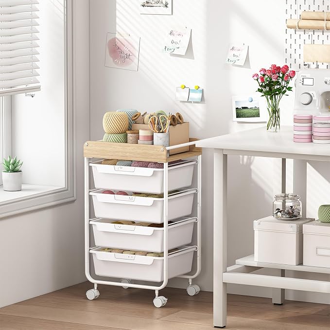 SYKIARIOL Rolling Storage Utility Cart with 4 Drawers,Art Cart,White | Kids Craft Cart,Makeup Organizer and Storage with Wooden Tabletop - Image 4