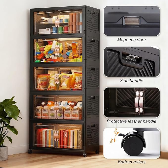 Collapsible Storage Bins with Lids&Wheels-311QT(78Gal) | Stackable Plastic Containers with Doors,Heavy-Duty Foldable Organizer Bins for Home,Office,Books,Black,5-Pack - Image 4