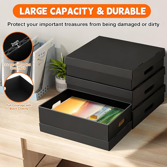 AOBOPLE 4 Pack Photo Storage Box,16" x 12" x 4" Keepsake Box with Handle Holes,Protective Storage Box for Photos Pictures Documents Artwork DIY and Souvenir,Home and Office Organizer - Image 3