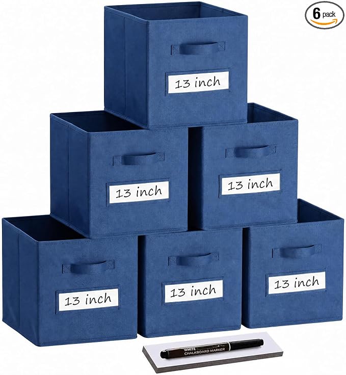 Storage Bins,13 Inch Cube Storage Bin with Labels,6pcs,Navy Blue | Fabric Storage Cubes for Shelves,13 Inch storage cube bins with 6 Labels Window Cards & a Pen. by Anyoneer
