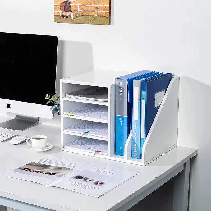 Wood Desktop File Holder Organizer Mail Sorter, White, 15.35" W x 12.16" D x 11.81" H - Image 6