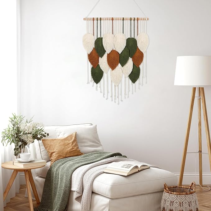 Macrame Wall Hanging Boho Woven Tapestry Chic Home Decor Modern Wall Art | KHOYIME Bohemian Handmade Leaf Feather Decorations for Apartment Dorm Living Room Bedroom Nursery Backdrop 23.6" W X 29.5" L - Image 6