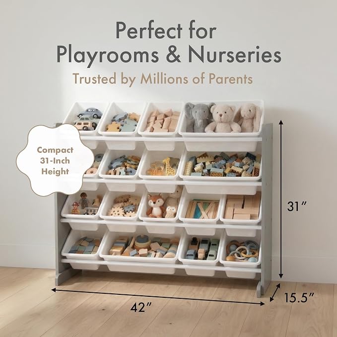 Humble Crew Kids Toy Organizer with 16 Bins, 4 Tier Storage for Playroom | Sturdy wood and steel toddler shelf, removable BPA-free containers, wall anchor anti-tip safety kit for bedroom or classroom - Image 7