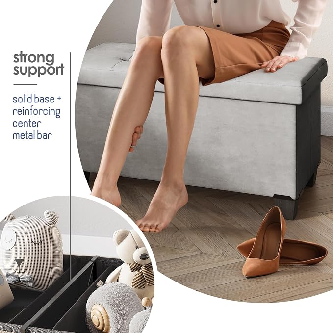 Storage Ottoman Bench with Bins, 30-in Storage Bench for Bedroom End of Bed, Folding Foot Rest Ottoman for Living Room Max 660lbs, Velvet Ottomans, Light Grey - Image 5