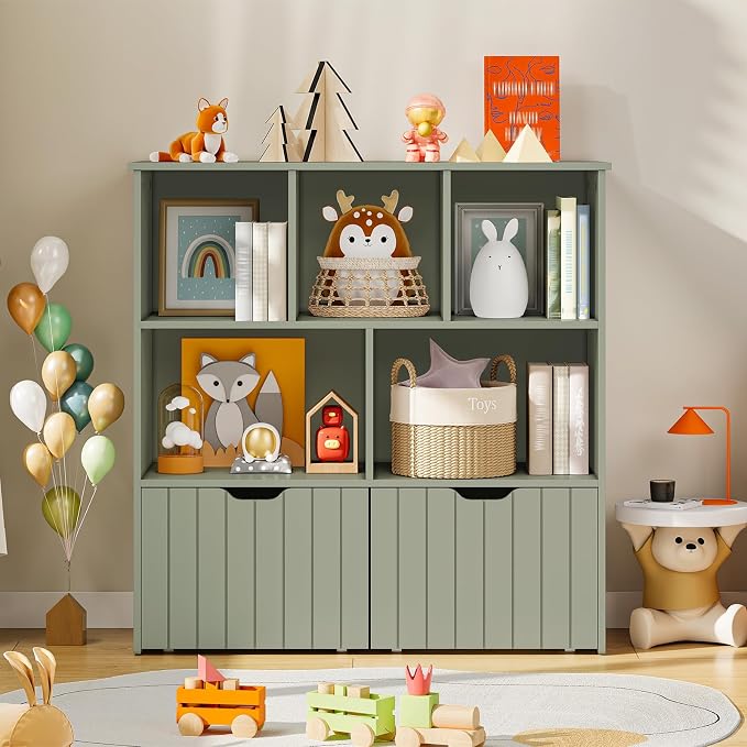 HOOBRO Toy Storage Organizer, Toy Organizers and Storage with 2 Movable Drawers and 5 Cubbies, Toy Chest Shelf for Books or Dolls, Kids Bookshelf and Toy Storage for Playroom, Green GN88CW01 - Image 2