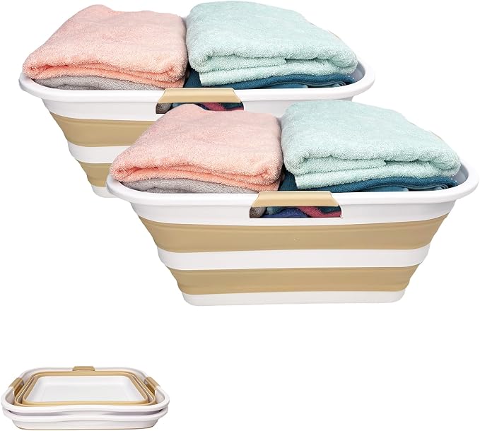 SAMMART 42 (11 Gallons) Collapsible Plastic Laundry Basket, Foldable Pop Up Storage Container/Organizer, Space Saving Hamper, Portable Bin for Dorm Room Bathroom (2, White/Beige) by SAMMART