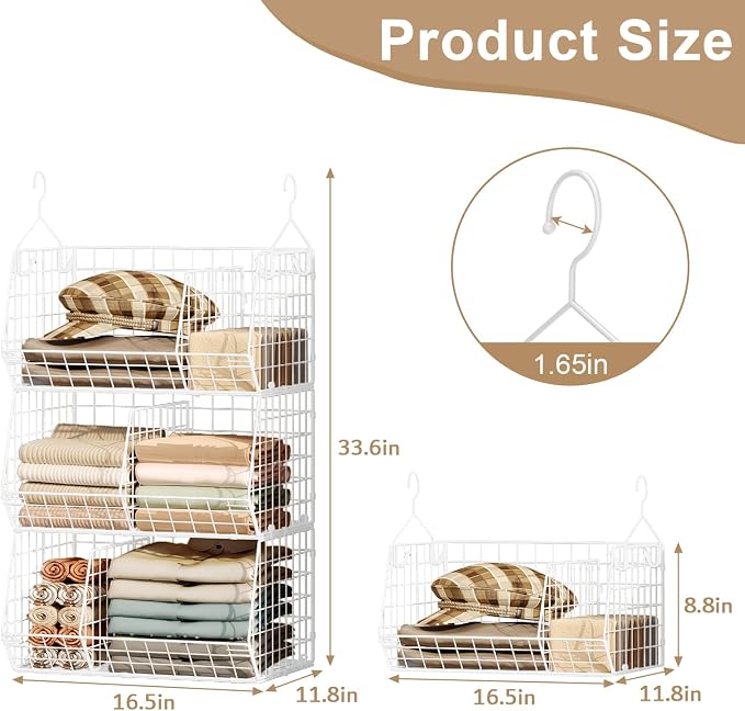 3 Tier Extra Large Closet Hanging Shelves with Divider, 16.5"L x 11.8"W x 33.6"H Closets Organizers and Storage with 5 S Hooks, Clothes Organizer for Sweaters Shoes Handbags Clutches Accessories-White - Image 3