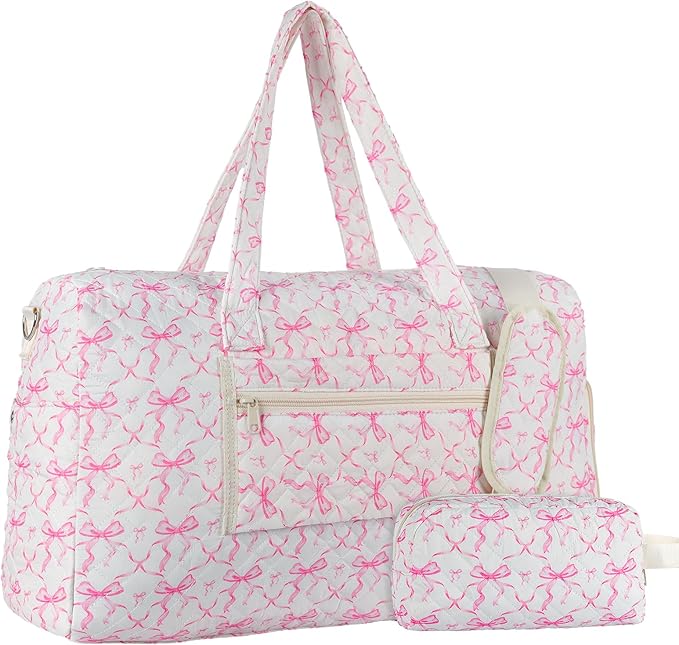 Quilted Pink Bow Duffel Bag 2 Pack Weekender with Shoe Compartment | Pink Bow Quilted Travel Duffel for Women, Carry On Overnight Bag with Toiletry Pouch, Hospital Bag for Labor Delivery & Gym by Unknown
