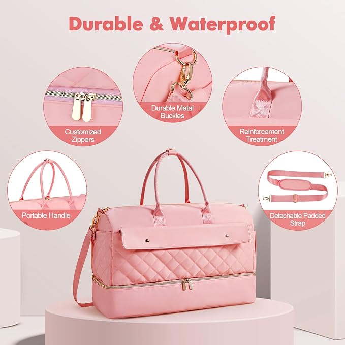 Travel Duffel Bag, Large Weekender Bag for Women with Shoe Compartment, Carry on Overnight Bag with Toiletry Makeup Bag, Gym Duffel Bag Travel Tote Bag for Travel Gym Camping Hospital, Pink - Image 7