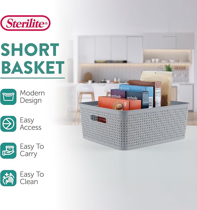 Sterilite 12 Pack Plastic Storage Bin Organization Containers, Short Baskets, Cement - Image 2