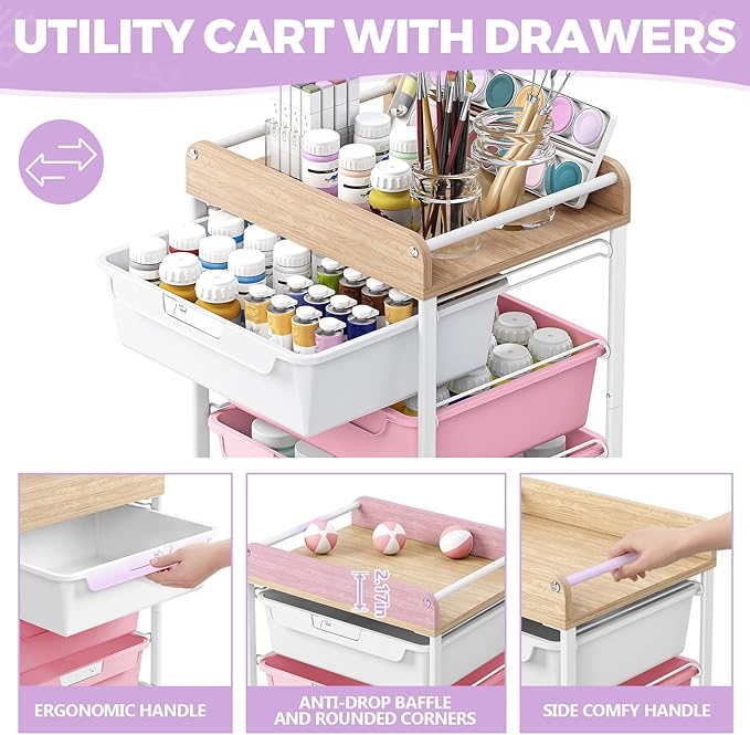 SYKIARIOL Rolling Cart with 6 Drawers,Craft Organizer and Storage,Purple | Utility Storage Cart with Drawers,Art Cart,Makeup Organizer With Wooden Tabletop - Image 2