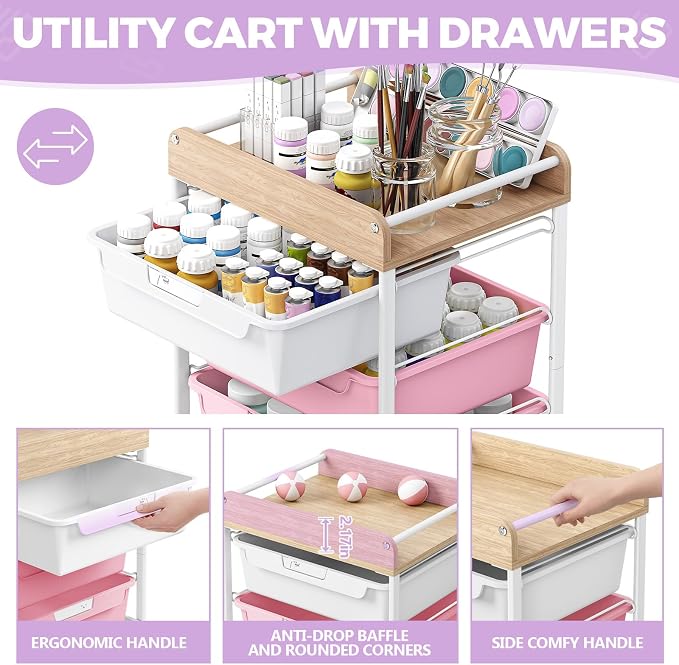 SYKIARIOL Rolling Storage Utility Cart with 4 Drawers,Art Cart,Purple | Kids Craft Cart,Makeup Organizer and Storage with Wooden Tabletop - Image 2